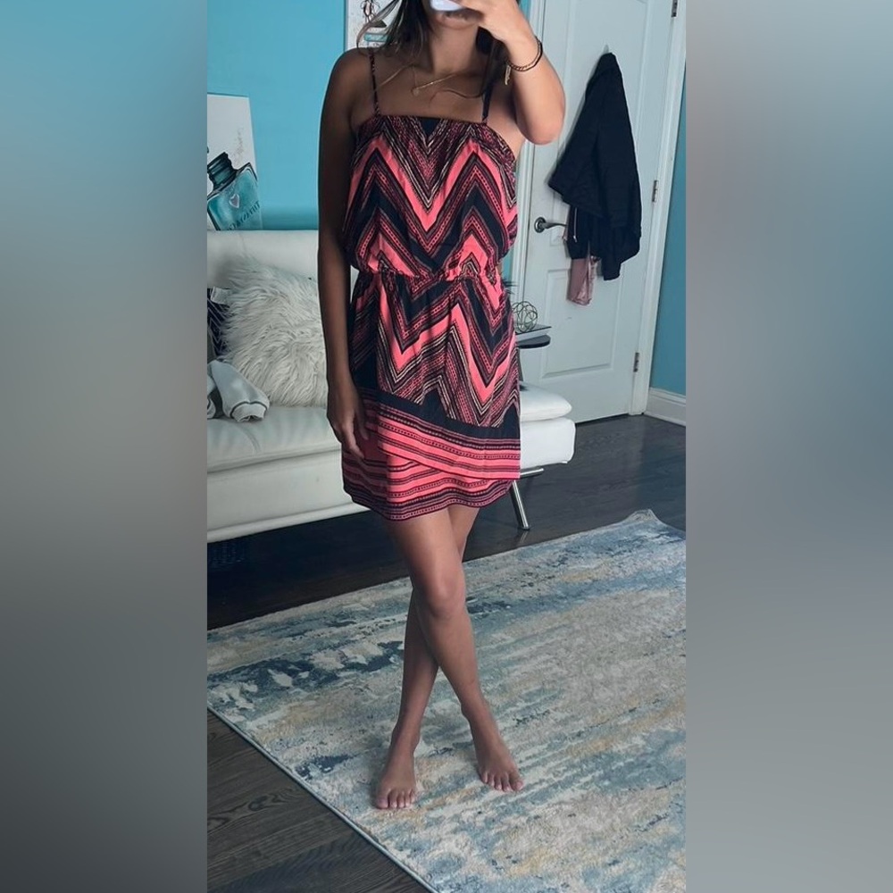 Express‎ Navy Blue Coral Pink Strapless Tube Vacation Beach Print Dress 2 (A3)